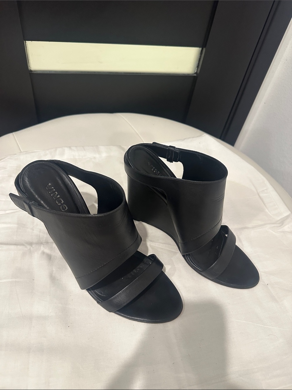 Vince Black Leather Wedge Sandals with Slingback